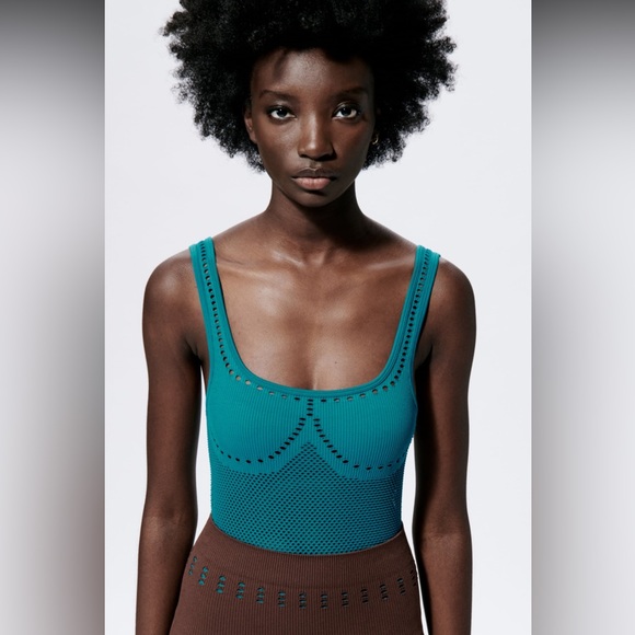 Zara seamless perforated bodysuit designer turquoise blue - Picture 1 of 8